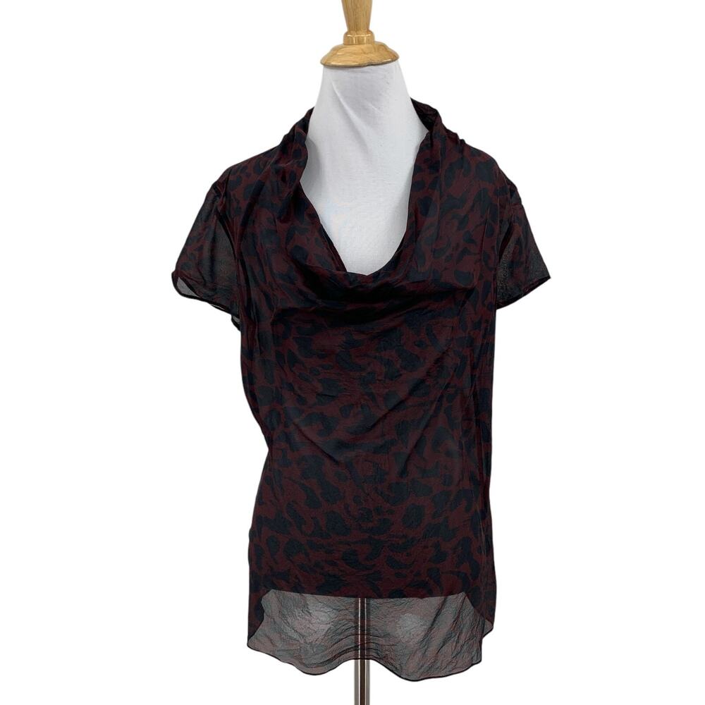 Theory Top Women M Medium Garnet Black Silk Cowl Neck Animal Print Fully Sheer
